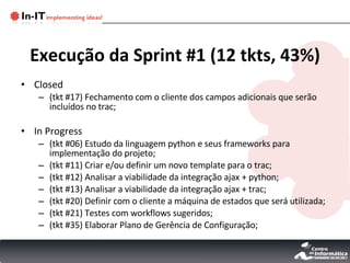 Execução da Sprint #1 (12 tkts, 43%) Closed (tkt #17) Fechamento com o cliente dos campos adicionais que serão incluídos no trac; In Progress (tkt #06) Estudo da linguagem python e seus frameworks para implementação do projeto; (tkt #11) Criar e/ou definir um novo template para o trac; (tkt #12) Analisar a viabilidade da integração ajax + python; (tkt #13) Analisar a viabilidade da integração ajax + trac; (tkt #20) Definir com o cliente a máquina de estados que será utilizada; (tkt #21) Testes com workflows sugeridos; (tkt #35) Elaborar Plano de Gerência de Configuração; 
