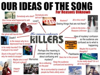 OUR IDEAS OF THE SONGFor Reasons Unknown
Memories
Flashbacks
Death?
Seeing things that are not there?
Illusions? All in this mind?
Idea of mystery/ confusion
so the audience are
confused as to what is
happening
Links to the lyrics – For
Reasons Unknown
Love?
Somebody who
left him?
Somebody who died?
Heartbreak?
Don’t know what happened to add
suspense and mystery
Her ghost still haunts him?
Is he really haunted? Or is
it all just in his mind?
Is the reason why he is
depressed/ has to escape
He is reflecting
on the past
Happier
times?
He is surrounded by crowds of
people but feels utterly alone
Perhaps the meaning is
unknown and the song is
about confusing and
mystery?Maybe she is real?
Not just a ghost?
Sees her in the present
Is she really dead? Or is it
all in his mind?
Keep the audience
confused and wondering
Maybe this is just his
thoughts?
Stuck in the past? Is that
why he needs to escape?
 