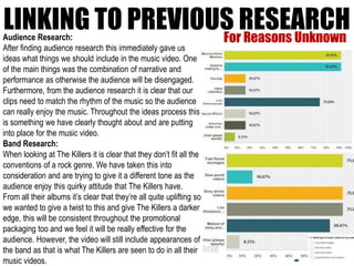 LINKING TO PREVIOUS RESEARCHFor Reasons UnknownAudience Research:
After finding audience research this immediately gave us
ideas what things we should include in the music video. One
of the main things was the combination of narrative and
performance as otherwise the audience will be disengaged.
Furthermore, from the audience research it is clear that our
clips need to match the rhythm of the music so the audience
can really enjoy the music. Throughout the ideas process this
is something we have clearly thought about and are putting
into place for the music video.
Band Research:
When looking at The Killers it is clear that they don’t fit all the
conventions of a rock genre. We have taken this into
consideration and are trying to give it a different tone as the
audience enjoy this quirky attitude that The Killers have.
From all their albums it’s clear that they’re all quite uplifting so
we wanted to give a twist to this and give The Killers a darker
edge, this will be consistent throughout the promotional
packaging too and we feel it will be really effective for the
audience. However, the video will still include appearances of
the band as that is what The Killers are seen to do in all their
music videos.
 
