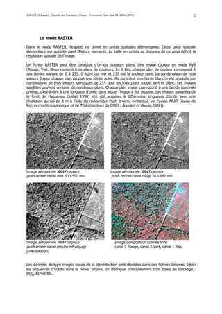 SOUDANI Kamel – Faculté des Sciences d’Orsay – Université Paris Sud XI (2006-2007)                             2




          Le mode RASTER

Dans le mode RASTER, l’espace est divisé en unités spatiales élémentaires. Cette unité spatiale
élémentaire est appelée pixel (Picture element). La taille en unités de distance de ce pixel définit la
résolution spatiale de l’image.

Un fichier RASTER peut être constitué d’un ou plusieurs plans. Une image couleur en mode RVB
(Rouge, Vert, Bleu) contient trois plans de couleurs. En 8 bits, chaque plan de couleur correspond à
des teintes variant de 0 à 255. 0 étant du noir et 255 est la couleur pure. La combinaison de trois
valeurs 0 pour chaque plan produit une teinte noire. Au contraire, une teinte blanche est produite par
combinaison de trois valeurs identiques de 255 pour les trois plans rouge, vert et blanc. Les images
satellites peuvent contenir de nombreux plans. Chaque plan image correspond à une bande spectrale
précise, c'est-à-dire à une longueur d’onde dans lequel l’image a été acquise. Les images suivantes de
la forêt de Haguenau (juillet 1998) ont été acquises à différentes longueurs d’onde avec une
résolution au sol de 2 m à l’aide du radiomètre Push broom, embarqué sur l’avion ARAT (Avion de
Recherche Atmosphérique et de Télédétection) du CNES (Soudani et Breda.,2002)).




Image aéroportée ARAT capteur                                   Image aéroportée ARAT capteur
push broom canal vert 500-590 nm.                                push broom canal rouge 610-680 nm




Image aéroportée ARAT capteur                                      Image composition colorée RVB
push broom canal proche infrarouge                                 canal 3 Rouge, canal 2 Vert, canal 1 Bleu
(790-890 nm)


Les données de type images issues de la télédétection sont stockées dans des fichiers binaires. Selon
les séquences d’octets dans le fichier binaire, on distingue principalement trois types de stockage :
BSQ, BIP et BIL.
 