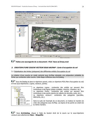 SOUDANI Kamel – Faculté des Sciences d’Orsay – Université Paris Sud XI (2006-2007)                        28




        Faites une sauvegarde de ce document : FILE Save asOrsay.mxd


3. CREATION D’UNE COUCHE VECTEUR SOUS ARCMAP : Carte d’occupation du sol

3.1 Digitalisation des limites (polygones) des différentes entités d’occupation du sol

La création d’une couche en mode vectoriel sous ArcMap nécessite une préparation préalable du
fichier qui contiendra cette couche. Cette étape s’effectue sous ArcCatalog.

        Sous ArcCatalog et dans le répertoire parent, créez un répertoire POS (Plan d’occupation du sol)
et trois sous-répertoires ( Lignes, vecteurs, points).

                                       Le répertoire Lignes : contiendra des entités qui peuvent être
                                       confondues à des lignes (pistes cyclables, chemins, ruisseaux, etc.).
                                       Le répertoire Points : contiendra des entités qui peuvent être
                                       confondues à des points (points de collecte de données, puits, etc.).
                                       Le répertoire vecteurs : contiendra des polygones (parcelles,
                                       bâtiments, etc.).

                                       Dans la suite de l’exemple de ce document, on traitera la manière de
                                       créer des polygones sous ArcMap. Les lignes et les points se créent de
                                       la même manière.




       Sous ArcCatalog, cliquez à l’aide du bouton droit de la souris sur le sous-répertoire
vecteurs puis sélectionnez New – Shapefile:
 