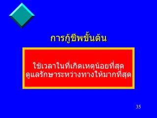 การกู้ชีพขั้นต้น ใช้เวลาในที่เกิดเหตุน้อยที่สุด ดูแลรักษาระหว่างทางให้มากที่สุด 