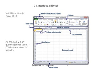 3 / Interface d'Excel

Voici l'interface de
Excel 2010 :




Au milieu, il y a un
quadrillage très vaste.
C'est votre « zone de
travail ».




                          Excel 2010 - Initiation   7
 