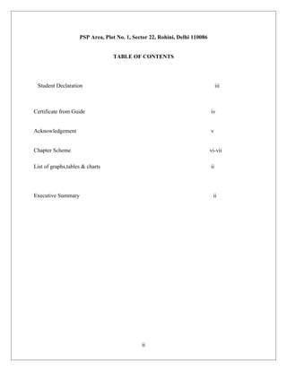 PSP Area, Plot No. 1, Sector 22, Rohini, Delhi 110086
TABLE OF CONTENTS
Student Declaration iii
Certificate from Guide iv
Acknowledgement v
Chapter Scheme vi-vii
List of graphs,tables & charts ii
Executive Summary ii
ii
 