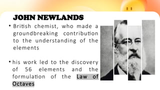 JOHN NEWLANDS
• British chemist, who made a
groundbreaking contribution
to the understanding of the
elements
• his work led to the discovery
of 56 elements and the
formulation of the Law of
Octaves
 