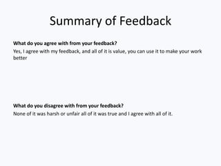 Summary of Feedback
What do you agree with from your feedback?
Yes, I agree with my feedback, and all of it is value, you can use it to make your work
better




What do you disagree with from your feedback?
None of it was harsh or unfair all of it was true and I agree with all of it.
 