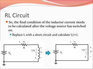 RL Circuit
So, the final condition of the inductor current needs
to be calculated after the voltage source has switched
on.
Replace L with a short circuit and calculate IL(∞).
 