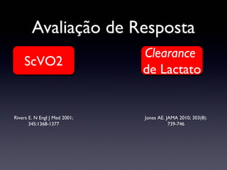 Avaliação de Resposta
ScVO2
Rivers E. N Engl J Med 2001;
345:1368-1377
Clearance
de Lactato
Jones AE. JAMA 2010; 303(8):
739-746
 