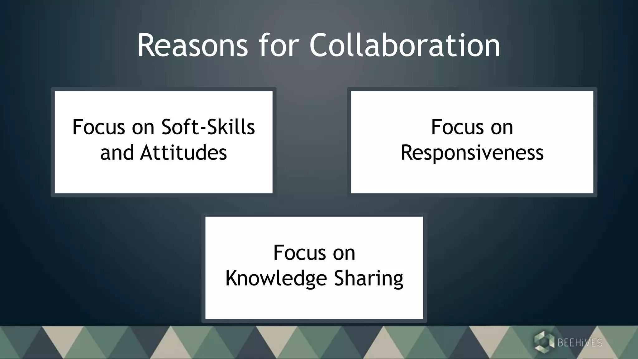 Reasons for Collaboration
Focus on Soft-Skills
and Attitudes
Focus on
Responsiveness
Focus on
Knowledge Sharing
 