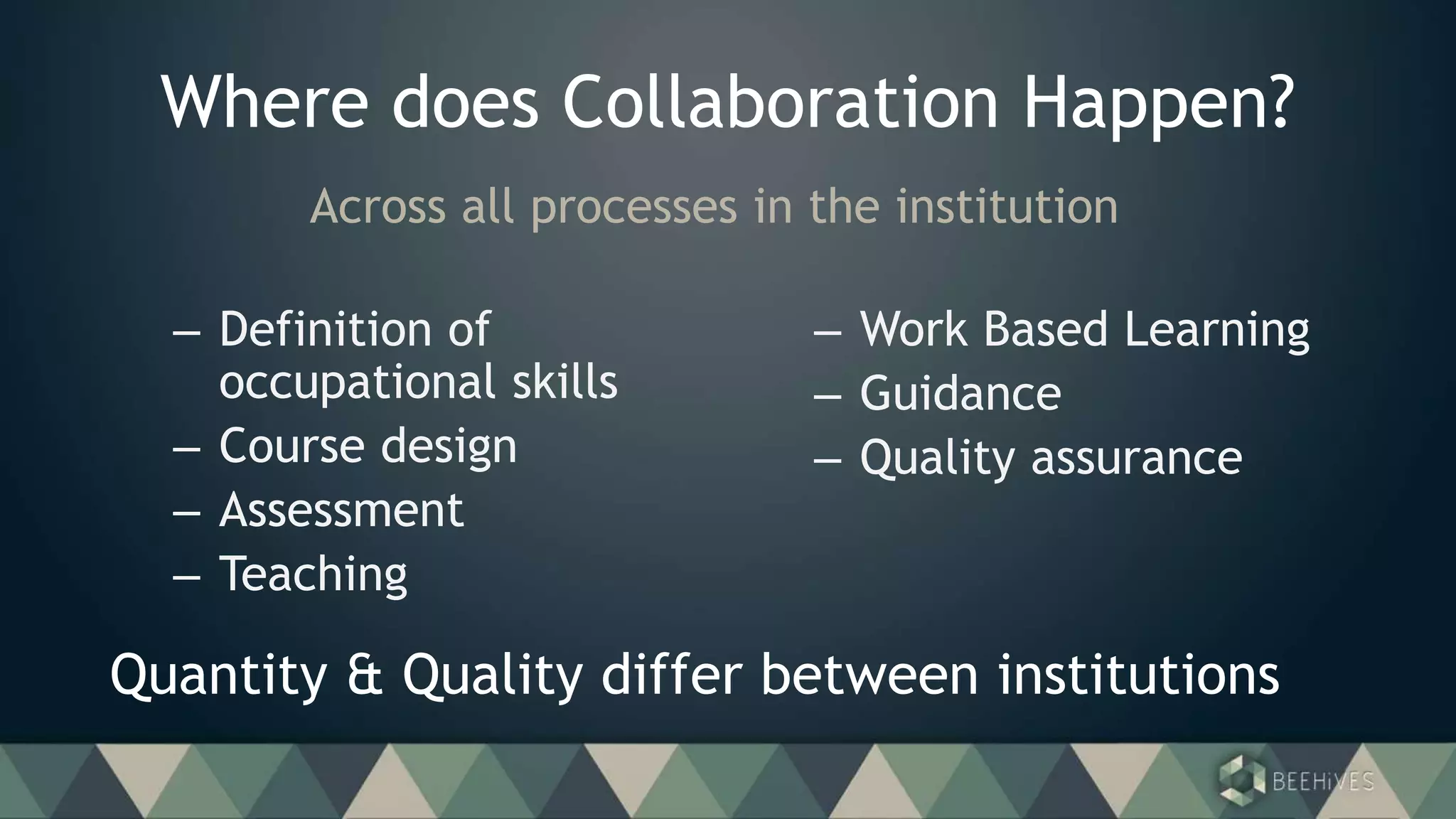 Where does Collaboration Happen?
– Definition of
occupational skills
– Course design
– Assessment
– Teaching
– Work Based Learning
– Guidance
– Quality assurance
Quantity & Quality differ between institutions
Across all processes in the institution
 