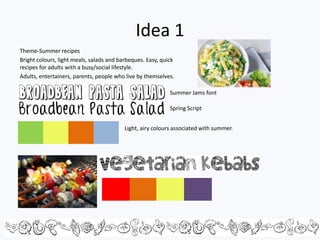 Idea 1
Theme-Summer recipes
Bright colours, light meals, salads and barbeques. Easy, quick
recipes for adults with a busy/social lifestyle.
Adults, entertainers, parents, people who live by themselves.

                                                            Summer Jams font

                                                            Spring Script


                                          Light, airy colours associated with summer.
 