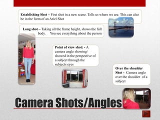 Establishing Shot – First shot in a new scene. Tells us where we are. This can also
be in the form of an Ariel Shot

 Long shot – Taking all the frame height, shows the full
          body. You see everything about the person


                        Point of view shot: - A
                        camera angle showing/
                        showed in the perspective of
                        a subject through the
                        subjects eyes
                                                                  Over the shoulder
                                                                  Shot - Camera angle
                                                                  over the shoulder of a
                                                                  subject




Camera Shots/Angles
 