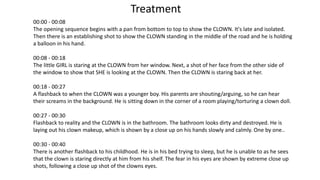 00:00 - 00:08
The opening sequence begins with a pan from bottom to top to show the CLOWN. It's late and isolated.
Then there is an establishing shot to show the CLOWN standing in the middle of the road and he is holding
a balloon in his hand.
00:08 - 00:18
The little GIRL is staring at the CLOWN from her window. Next, a shot of her face from the other side of
the window to show that SHE is looking at the CLOWN. Then the CLOWN is staring back at her.
00:18 - 00:27
A flashback to when the CLOWN was a younger boy. His parents are shouting/arguing, so he can hear
their screams in the background. He is sitting down in the corner of a room playing/torturing a clown doll.
00:27 - 00:30
Flashback to reality and the CLOWN is in the bathroom. The bathroom looks dirty and destroyed. He is
laying out his clown makeup, which is shown by a close up on his hands slowly and calmly. One by one..
00:30 - 00:40
There is another flashback to his childhood. He is in his bed trying to sleep, but he is unable to as he sees
that the clown is staring directly at him from his shelf. The fear in his eyes are shown by extreme close up
shots, following a close up shot of the clowns eyes.
Treatment
 