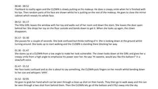 00:40 - 00:52
Flashback to reality again and the CLOWN is slowly putting on his makeup. He does a creepy smile when he is finished with
his lips. Then random parts of his face are shown whilst he is putting on the rest of the makeup. He goes to close the mirror
cabinet which reveals his whole face.
00:52 - 01:17
The little GIRL leaves the window with her toy and walks out of her room and down the stairs. She leaves the door open
behind her. She drops her toy on the floor outside and bends down to get it. When she looks up again, the clown
disappears.
01:17 - 01:30
She pauses for a couple of seconds. She look confused but thinks nothing of it. She is looking down at the ground whilst
turning around. She looks up to start walking and the CLOWN is standing there blocking her way.
01:30 - 01:47
She stares up at a CLOWN from a low angle to make her look vulnerable. The clown looks down at the GIRL and gives her a
creepy smile from a high angle to emphasise his power over her. He says 'Hi sweetie, would you like this balloon?' in a
slow/soft voice.
01:47 - 01:52
Her face looks confused and as she is about to say something, the CLOWN puts fingers on her mouth whilst bending down
to her size and whispers 'shhh'.
01:52 - 02:05
He goes to grab her hand which can be seen through a close up shot on their hands. They then go to walk away and this can
be seen through a two shot from behind them. Then the CLOWN lets go of the balloon and it fly's away into the sky.
 