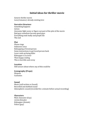 Initial ideas for thriller movie
Generic thriller movie
Love/romance/ already existing love

Narrative Structure
Something happens
Action
Awesome fight scene or figure out part of the plot of the movie
Bad guys somehow become good guys
Everything ends badly and people die
The end

Plot
Phone rings
Unknown voice
Kidnapping of loved person
Some instructions to get loved person back
Lover ends up being killer
Kidnapper is ex lover
Then happy ending
This is horrible and corny

Location
Still unsure about where any of this could be

Iconography (Props)
Wepons
Customes


Sound
Music (self written or found)
Recorded and dubbed sound
Atmospheric sound (recorded for a minute before actual recording)


Characters
Main character (Guy)
victim (female)
Kidnapper (female)
Police (guy)
 