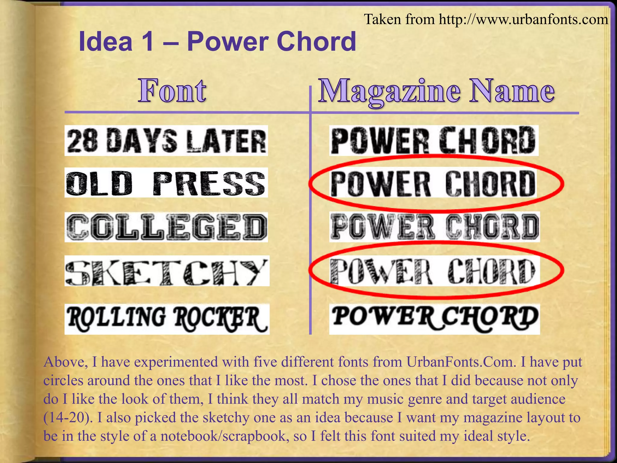 Idea 1 – Power Chord 
Taken from http://www.urbanfonts.com 
Above, I have experimented with five different fonts from UrbanFonts.Com. I have put 
circles around the ones that I like the most. I chose the ones that I did because not only 
do I like the look of them, I think they all match my music genre and target audience 
(14-20). I also picked the sketchy one as an idea because I want my magazine layout to 
be in the style of a notebook/scrapbook, so I felt this font suited my ideal style. 
 