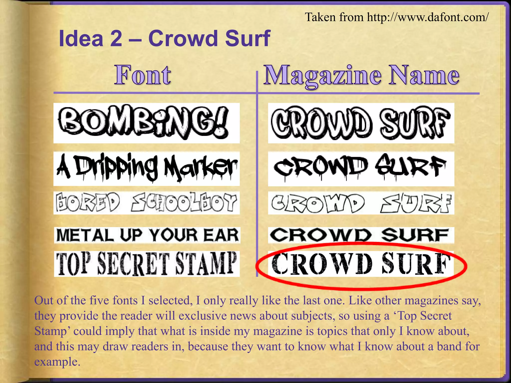 Idea 2 – Crowd Surf 
Taken from http://www.dafont.com/ 
Out of the five fonts I selected, I only really like the last one. Like other magazines say, 
they provide the reader will exclusive news about subjects, so using a ‘Top Secret 
Stamp’ could imply that what is inside my magazine is topics that only I know about, 
and this may draw readers in, because they want to know what I know about a band for 
example. 
 