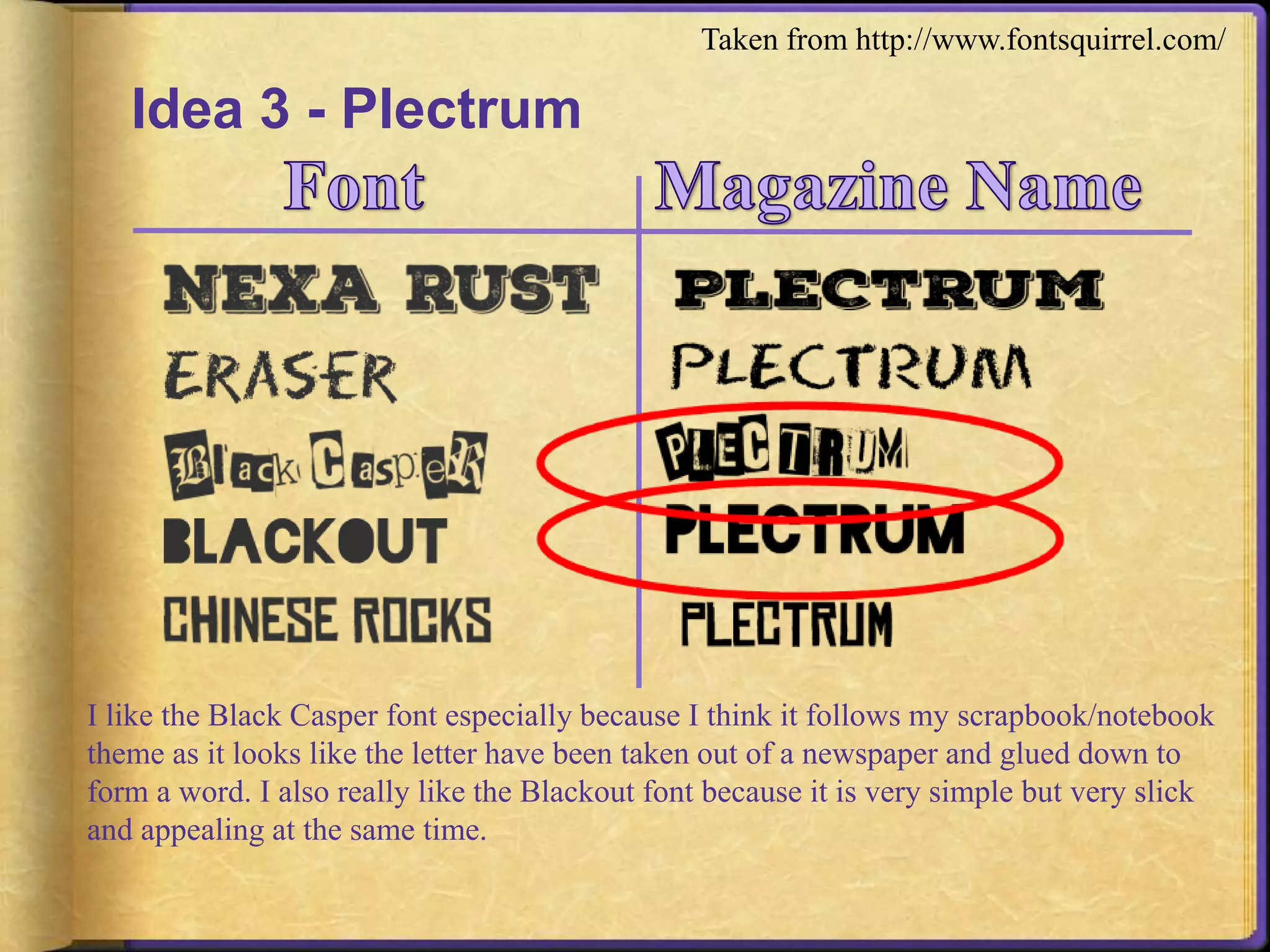 Idea 3 - Plectrum 
Taken from http://www.fontsquirrel.com/ 
I like the Black Casper font especially because I think it follows my scrapbook/notebook 
theme as it looks like the letter have been taken out of a newspaper and glued down to 
form a word. I also really like the Blackout font because it is very simple but very slick 
and appealing at the same time. 
 