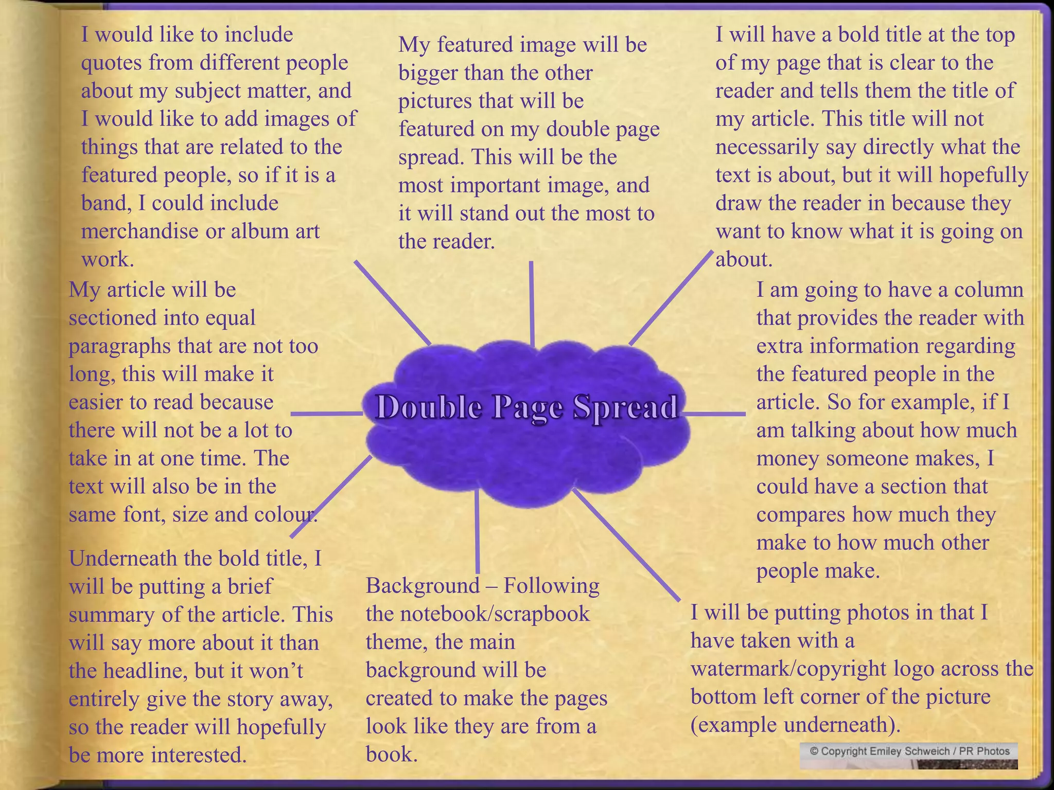 I will have a bold title at the top 
of my page that is clear to the 
reader and tells them the title of 
my article. This title will not 
necessarily say directly what the 
text is about, but it will hopefully 
draw the reader in because they 
want to know what it is going on 
about. 
I am going to have a column 
that provides the reader with 
extra information regarding 
the featured people in the 
article. So for example, if I 
am talking about how much 
money someone makes, I 
could have a section that 
compares how much they 
make to how much other 
people make. 
I will be putting photos in that I 
have taken with a 
watermark/copyright logo across the 
bottom left corner of the picture 
(example underneath). 
Background – Following 
the notebook/scrapbook 
theme, the main 
background will be 
created to make the pages 
look like they are from a 
book. 
I would like to include 
quotes from different people 
about my subject matter, and 
I would like to add images of 
things that are related to the 
featured people, so if it is a 
band, I could include 
merchandise or album art 
work. 
My article will be 
sectioned into equal 
paragraphs that are not too 
long, this will make it 
easier to read because 
there will not be a lot to 
take in at one time. The 
text will also be in the 
same font, size and colour. 
Underneath the bold title, I 
will be putting a brief 
summary of the article. This 
will say more about it than 
the headline, but it won’t 
entirely give the story away, 
so the reader will hopefully 
be more interested. 
My featured image will be 
bigger than the other 
pictures that will be 
featured on my double page 
spread. This will be the 
most important image, and 
it will stand out the most to 
the reader. 
 