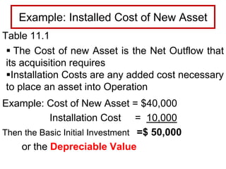 Example: Installed Cost of New Asset
Table 11.1
 The Cost of new Asset is the Net Outflow that
its acquisition requires
Installation Costs are any added cost necessary
to place an asset into Operation
Example: Cost of New Asset = $40,000
Installation Cost = 10,000
Then the Basic Initial Investment =$ 50,000
or the Depreciable Value
 