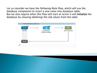 Let us consider we have the following Mule flow, which will use the
database component to insert a new value into database table.
But we also require when this flow will start at server it will initialize the
database by clearing (deleting) the old values from the table
 