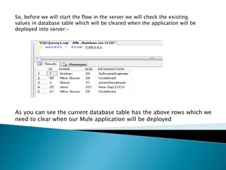 So, before we will start the flow in the server we will check the existing
values in database table which will be cleared when the application will be
deployed into server:-
As you can see the current database table has the above rows which we
need to clear when our Mule application will be deployed
 