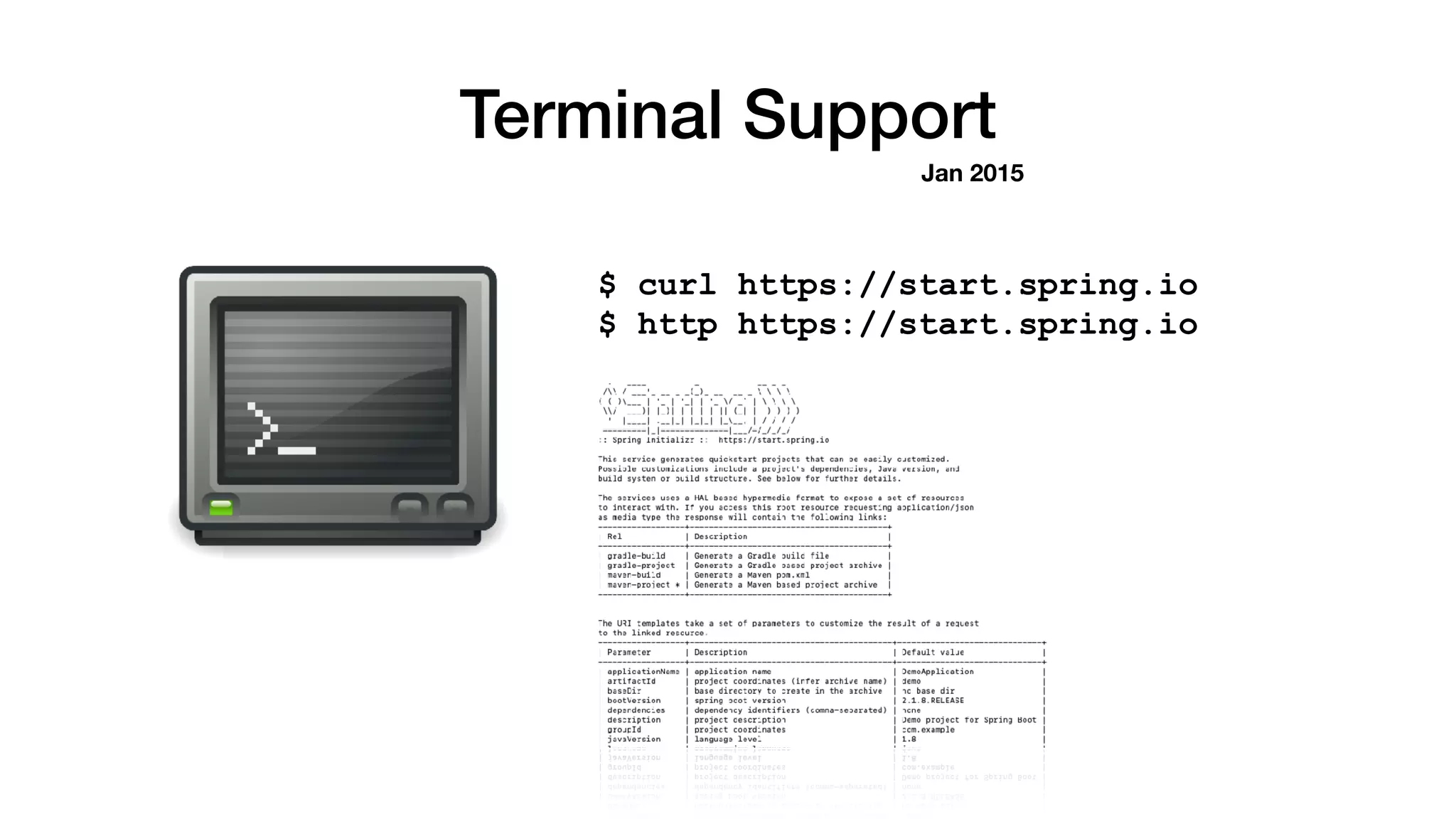 Terminal Support
$ curl https://start.spring.io
Jan 2015
$ http https://start.spring.io
 