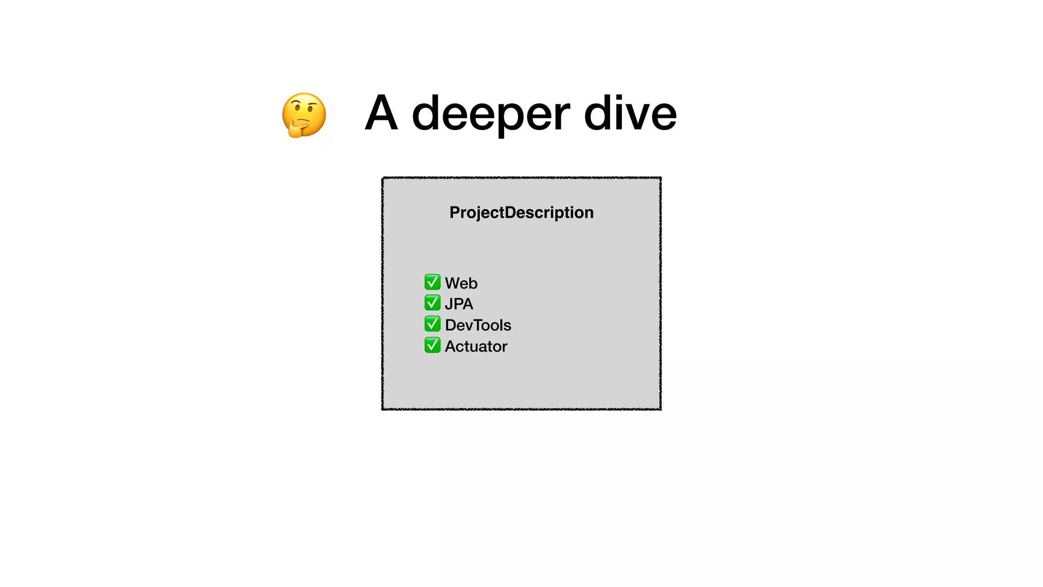 ProjectDescription
✅ Web
✅ JPA
✅ DevTools
✅ Actuator
🤔 A deeper dive
 