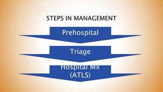 STEPS IN MANAGEMENT
Prehospital
Hospital Mx
(ATLS)
Triage
 