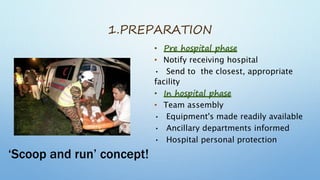 1.PREPARATION
‘Scoop and run’ concept!
• Pre hospital phase
• Notify receiving hospital
• Send to the closest, appropriate
facility
• In hospital phase
• Team assembly
• Equipment's made readily available
• Ancillary departments informed
• Hospital personal protection
 
