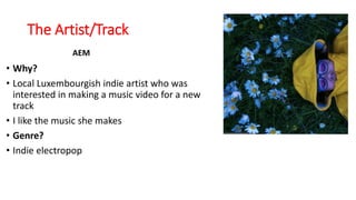 The Artist/Track
AEM
• Why?
• Local Luxembourgish indie artist who was
interested in making a music video for a new
track
• I like the music she makes
• Genre?
• Indie electropop
 