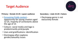 Target Audience
Primary – female 15-25 + queer audience
• Screaming Fields contest -
opportunity for young creators aged
12-25, majority of contestants above
the age of 15
• Colours- social media and logo is
predominantly pink/purple
• Uses and gratifications: identification
• Electropop often explores
gender/sexuality issues
Secondary – male 15-24 + hetero
• Electropop genre is not
exclusively female
 