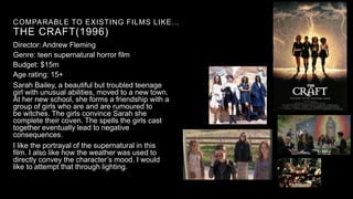 COMPARABLE TO EXISTING FILMS LIKE…
THE CRAFT(1996)
Director: Andrew Fleming
Genre: teen supernatural horror film
Budget: $15m
Age rating: 15+
Sarah Bailey, a beautiful but troubled teenage
girl with unusual abilities, moved to a new town.
At her new school, she forms a friendship with a
group of girls who are and are rumoured to
be witches. The girls convince Sarah she
complete their coven. The spells the girls cast
together eventually lead to negative
consequences.
I like the portrayal of the supernatural in this
film. I also like how the weather was used to
directly convey the character’s mood. I would
like to attempt that through lighting.
 