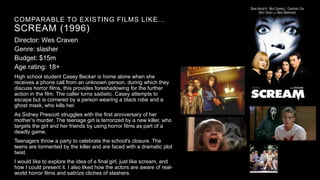 COMPARABLE TO EXISTING FILMS LIKE…
SCREAM (1996)
Director: Wes Craven
Genre: slasher
Budget: $15m
Age rating: 18+
High school student Casey Becker is home alone when she
receives a phone call from an unknown person, during which they
discuss horror films, this provides foreshadowing for the further
action in the film. The caller turns sadistic. Casey attempts to
escape but is cornered by a person wearing a black robe and a
ghost mask, who kills her.
As Sidney Prescott struggles with the first anniversary of her
mother’s murder, The teenage girl is terrorized by a new killer, who
targets the girl and her friends by using horror films as part of a
deadly game.
Teenagers throw a party to celebrate the school's closure. The
teens are tormented by the killer and are faced with a dramatic plot
twist.
I would like to explore the idea of a final girl, just like scream, and
how I could present it. I also liked how the actors are aware of real-
world horror films and satirize cliches of slashers.
 