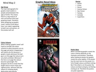 Mind Map 2 Graphic Novel Ideas
Age Group
The main demographic for
graphic novel readers is
people aimed between the
ages of 18-45. This means
that it is a big mixture of
men and women that read
graphing novels. Therefore
when designing my graphic
novel I need to think about
how I can make it appealing
to both men and women, so
the product will sell.
Colour Scheme
When making a graphic novel I will
need to consider the colour
scheme on what characters are on
the page and what is happening. I
will need to do this because in
graphic novels whenever the bad
guy is on the page the colours turn
very dark and bleak. Whereas if
the hero is on page the colours
become quite bright. The
designers do this to show that the
bright colours means hope and
righteousness, whereas with the
villains it’s showing death,
destruction and anarchy
Genres
• Action
• Crime
• Horror
• Science fiction
• Non fiction
• Fantasy
• Comedy
• Superhero
Poster Ideas
When considering graphic novels the
colour scheme depends on the
character and situation. Therefore
when looking at posters for graphic
novels the same applies. If the poster
has the main hero on the poster it is
full of bright colours and feels inviting.
But if the villain is on the poster the
colours are black and grey, not feeling
inviting at all. Therefore the posters
are polar opposites.
 