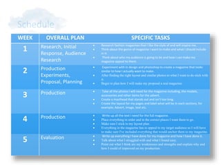 Schedule
WEEK OVERALL PLAN SPECIFIC TASKS
1 Research, Initial
Response, Audience
Research
 Research fashion magazines that I like the style of and will inspire me.
 Think about the genre of magazine I want to make and what I should include
in it.
 Think about who my audience is going to be and how I can make my
magazine appeal to them.
2 Production
Experiments,
Proposal, Planning
 Experiment with in design and photoshop to create a magazine that looks
similar to how I actually want to make.
 After finding the right layout and similar photos to what I want to do stick with
it.
 Begin to plan how I will make my proposal a real magazine.
3 Production  Take all the photos I will need for the magazine including, the models,
accessories and other items for the advert.
 Create a masthead that stands out and isn’t too long.
 Create the layout for my pages and label what will be in each sections, for
example; Advert, image, text etc.
4 Production  Write up all the text I need for the full magazine.
 Place everything in order and in the correct places I want them to go.
 Make sure I stick to my layout plan.
 Everything in the magazine has to appeal to my target audience so I will have
to make sure I've included everything that would anchor them to my magazine.
5 Evaluation  Write up everything I have done for my magazine and how I have done it.
 Talk about what I struggled with and what I found easy.
 Point out what I think are my weaknesses and strengths and explain why and
how I could of improved on my production.
 
