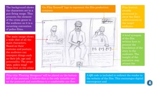 4
A brief synopsis
of the film
written here to
present the
foundation of the
story to the
audience. The
insight of the
narrative may
attract the
readers.
A QR code is included to redirect the reader to
the website of the film. This encourages digital
convergence and
Film festival
awards
presented to
show the film’s
achievements to
the target
audience.
‘Go Film Yourself’ logo to represent the film production
company.
Film title ‘Floating Mongoose’ will be placed on the bottom
left of the postcard. I believe this is the only suitable spot
on the postcard and contributes to a comfortable eye flow.
The background shows
the characters set in a
gun firing range. This
presents the element
of the crime genre to
the audience as it is a
recurring convention
of police films.
The main image shows
a wide shot of all the
main characters.
Based on their
costume and posture,
the audience can
interpret things such
as their job, age and
personality. The props
(gun, police mug)
helps hint at the crime
genre.
 