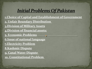 1.Choice of Capital and Establishment of Government
2. Unfair Boundary Distribution
3.Division of Military Assets
4.Division of financial assets:
5. Economic Problems
6.Issue of national language
7.Electricity Problem
8.Kashmir Dispute
9. Canal Water Dispute
10. Constitutional Problem
 