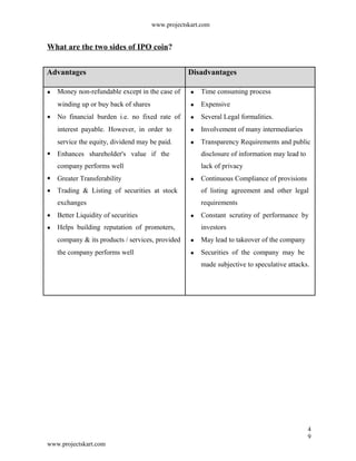 www.projectskart.com
What are the two sides of IPO coin?
Advantages Disadvantages
Money non-refundable except in the case of Time consuming process
winding up or buy back of shares Expensive
No financial burden i.e. no fixed rate of Several Legal formalities.
interest payable. However, in order to Involvement of many intermediaries
service the equity, dividend may be paid. Transparency Requirements and public
Enhances shareholder's value if the disclosure of information may lead to
company performs well lack of privacy
Greater Transferability Continuous Compliance of provisions
Trading & Listing of securities at stock of listing agreement and other legal
exchanges requirements
Better Liquidity of securities Constant scrutiny of performance by
Helps building reputation of promoters, investors
company & its products / services, provided May lead to takeover of the company
the company performs well Securities of the company may be
made subjective to speculative attacks.
4
9
www.projectskart.com
 