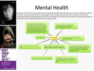 Mental Health
Looking at the ‘Stamp out the stigma’ idea and making people talk about the topic so it isn't such a taboo topic all over
the world. Also try to break down the misconceptions surrounding mental health. Also could look into the issues
people with mental health problems face and have real people on the posters and real stories to show how common it
is to suffer with mental health problems within todays society.
 
