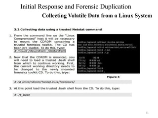 11
Initial Response and Forensic Duplication
Collecting Volatile Data from a Linux System
 
