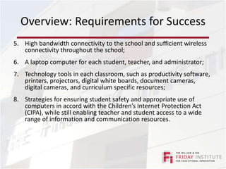 Overview: Requirements for SuccessHigh bandwidth connectivity to the school and sufficient wireless connectivity throughout the school;A laptop computer for each student, teacher, and administrator;Technology tools in each classroom, such as productivity software, printers, projectors, digital white boards, document cameras, digital cameras, and curriculum specific resources;Strategies for ensuring student safety and appropriate use of computers in accord with the Children’s Internet Protection Act (CIPA), while still enabling teacher and student access to a wide range of information and communication resources.