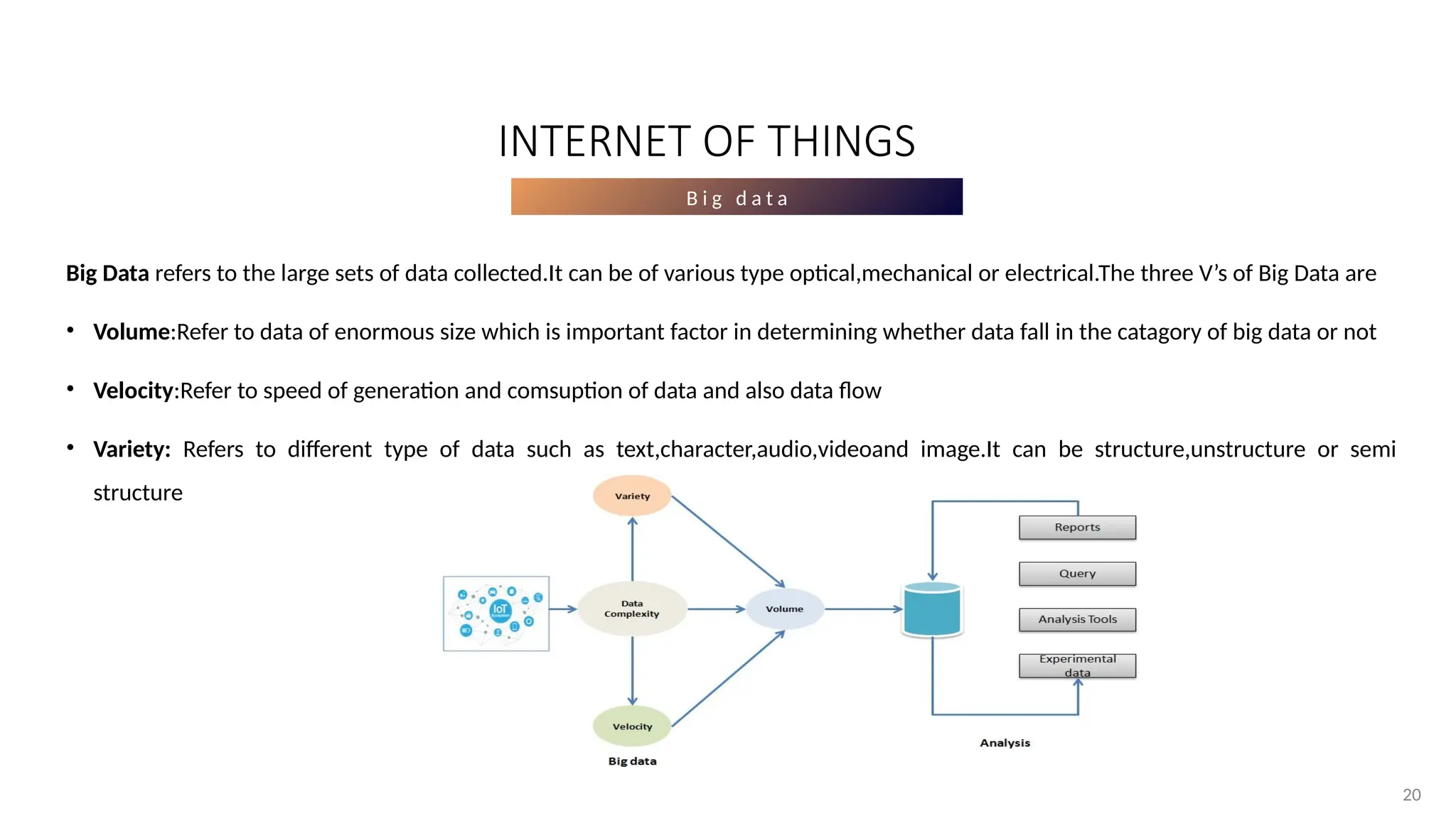 20
20
B i g d a t a
Big Data refers to the large sets of data collected.It can be of various type optical,mechanical or electrical.The three V’s of Big Data are
• Volume:Refer to data of enormous size which is important factor in determining whether data fall in the catagory of big data or not
• Velocity:Refer to speed of generation and comsuption of data and also data flow
• Variety: Refers to different type of data such as text,character,audio,videoand image.It can be structure,unstructure or semi
structure
INTERNET OF THINGS
 