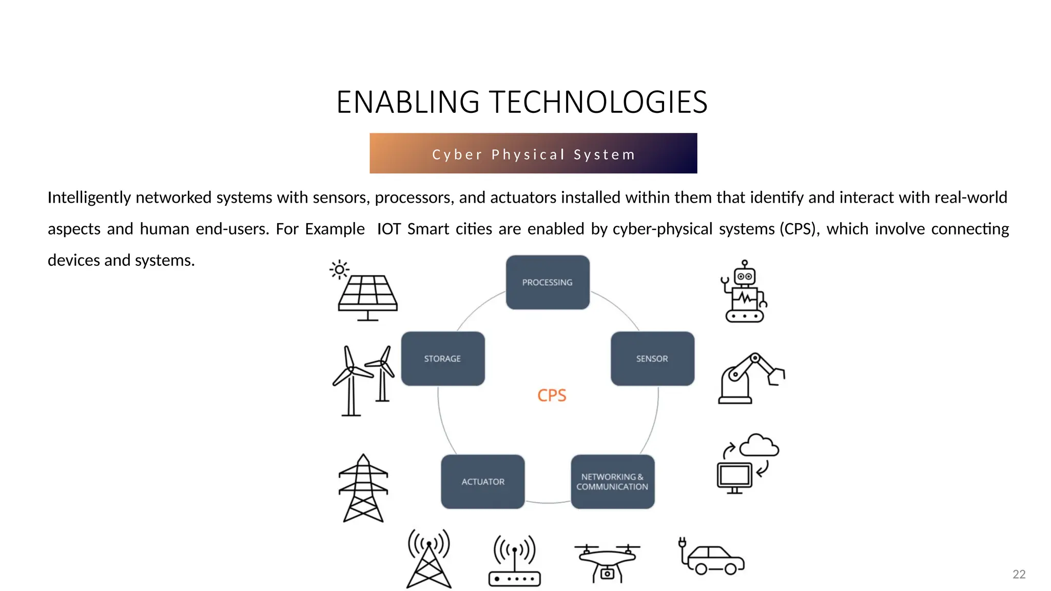 22
22
C y b e r P h y s i c a l S y s t e m
Intelligently networked systems with sensors, processors, and actuators installed within them that identify and interact with real-world
aspects and human end-users. For Example IOT Smart cities are enabled by cyber-physical systems (CPS), which involve connecting
devices and systems.
ENABLING TECHNOLOGIES
 