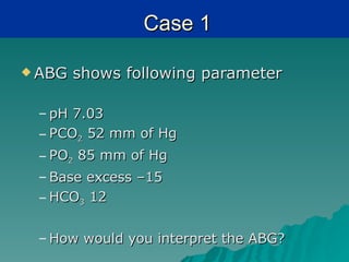 Case 1

 ABG   shows following parameter

 – pH 7.03
 – PCO2 52 mm of Hg
 – PO2 85 mm of Hg
 – Base excess –15
 – HCO3 12

 – How would you interpret the ABG?
 
