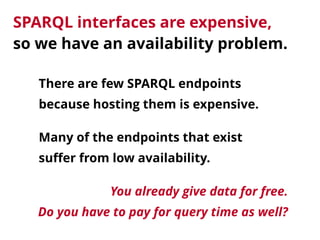 Data dumps allow you to set up 
your own private SPARQL endpoint.
But then we no longer query the Web…
No usage statistics...