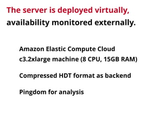 The server is deployed virtually,
availability monitored externally.
Amazon Elastic Compute Cloud 
c3.2xlarge machine (8 CPU, 15GB RAM)
Compressed HDT format as backend
Pingdom for analysis
 