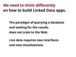 We need to think differently 
on how to build Linked Data apps.
The paradigm of querying a database 
and waiting for the results 
does not scale to the Web.
Live data requires new interfaces 
and new visualizations.
 