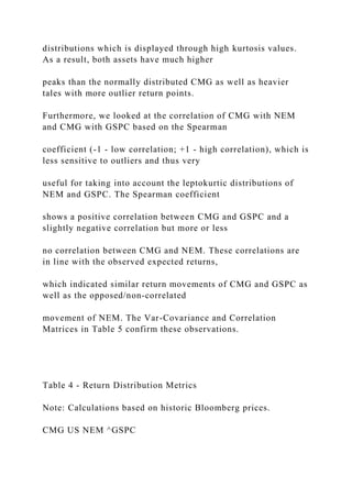 distributions which is displayed through high kurtosis values.
As a result, both assets have much higher
peaks than the normally distributed CMG as well as heavier
tales with more outlier return points.
Furthermore, we looked at the correlation of CMG with NEM
and CMG with GSPC based on the Spearman
coefficient (-1 - low correlation; +1 - high correlation), which is
less sensitive to outliers and thus very
useful for taking into account the leptokurtic distributions of
NEM and GSPC. The Spearman coefficient
shows a positive correlation between CMG and GSPC and a
slightly negative correlation but more or less
no correlation between CMG and NEM. These correlations are
in line with the observed expected returns,
which indicated similar return movements of CMG and GSPC as
well as the opposed/non-correlated
movement of NEM. The Var-Covariance and Correlation
Matrices in Table 5 confirm these observations.
Table 4 - Return Distribution Metrics
Note: Calculations based on historic Bloomberg prices.
CMG US NEM ^GSPC
 