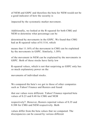of NEM and GSPC and therefore the beta for NEM would not be
a good indicator of how the security is
impacted by the systematic market movement.
Additionally, we looked at the R-squared for both CMG and
NEM to determine what percentage can be
determined by movements in the GSPC. We found that CMG
had an R-squared value of 0.1116, which
means that 11.16% of the movement in CMG can be explained
by the movements in GSPC. Similarly, 1.58%
of the movement in NEM can be explained by the movements in
GSPC. Both of these stocks have fairly low
R-squared values, which is not that surprising as GSPC only has
so much explanatory power on the
movements of individual stocks.
We compared the beta‘s we got to those of other companies
such as Yahoo! Finance and Reuters and found
that our values were different. Yahoo! Finance reported beta
values of 0.23 and 0.48 for CMG and NEM
respectively7. However, Reuters reported values of 0.35 and
0.308 for CMG and NEM respectively. Both
values differ from the beta values that we computed. The
discrepancies can be caused by various different
 